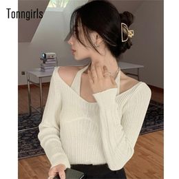 Womens T Shirt Tonngirls Fake Twopiece Tshirt Long Sleeve Halter Black Tops Knit Slim Sweater Top Autumn Spring Sexy Female Tee Tops 220902