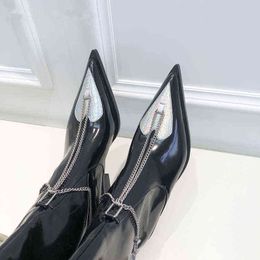 Boots Silver Heart Shaped Metal Chain Hollow Thick Heel Pointed Nose Sleeve Leather Fashion Portable Knight High 220811