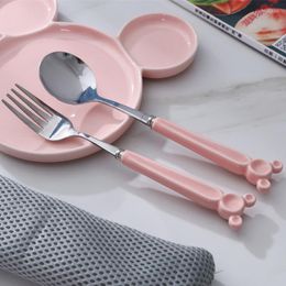 Flatware Sets Children's Cutlery Spoon Fork Cartoon Stainless Steel With Ceramic Long Handle Kids Tableware Cute Figue Dinnerware 2