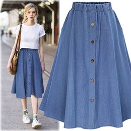 Casual Dresses Fashion Korean Preppy Style Denim Skirts Women Solid Colour Long Nature Waist Female Big Hem Button Jean 220902