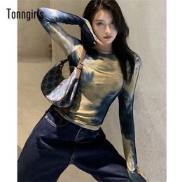 Womens T Shirt Tonngirls Sexy Harajuku Slim T Shirt Women Tie Dye Print Long Sleeve Tops Korean Style Tshirts Vintage Streetwear Skinny Tee Top 220902