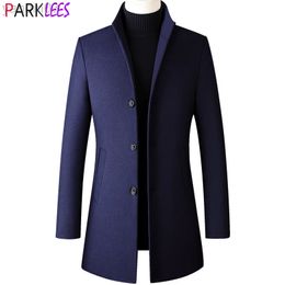 Men's Suits Blazers Blue Long Wool Trenchcoat 2021 Winter New Slim Fit Single Breasted Blends JaCKet Stand Collar THiCK Warm Pea Coa L220902