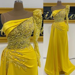 2022 Arabic Aso Ebi Yellow Sheath Prom Dresses Lace Beaded Pearls Evening Formal Party Second Reception Birthday Engagement Gowns Dress ZJ266