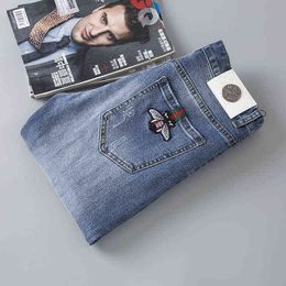 Spring 2021 Hole Blue Embroidery Little Bee Jeans Men's Personality Trend European