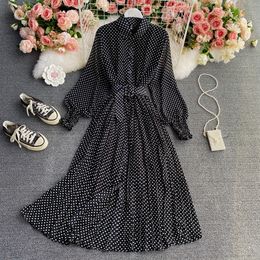 Wave point chiffon shirt collar dress spring and autumn new chicgentle stylewaist closedpleated long skirt