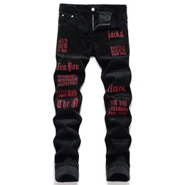 Black Corduroy Letter Embroidered Jeans Slim Fit Stretch Men's Casual Pants Autumn Winter Denim Trousers Fashion Streetwear