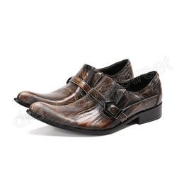 Fashion Brown Party Men Shoes Pointed Toe Wedding Dress Shoes Buckle Real Leather Business Shoes Male Brogues