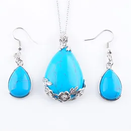 Earrings Chain Necklace Jewelry Set for women Natural Stone Blue Turquoises Water Drop shape Reiki Chakra Bead Pendant Q3069