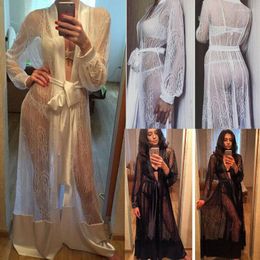 Women's Sleepwear Women Sexy Long Lace Kimono Dressing Gown Bath Robe Babydolls Female Transparent Nightdress Dress