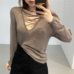 Women's Sweaters Women's Alien Kitty Deep V-Neck Sexy Tees Summer Thin 2022 Slim Casual High Street Solid Full Sleeves Loose Bottom