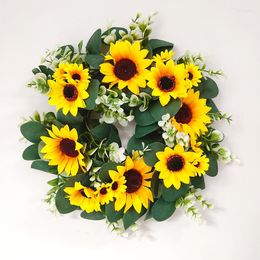 Decorative Flowers Artificial Sunflower Wreath Green Leaf Eucalyptus Garland Flower For Home Decoration Farmhouse Decor