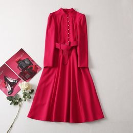 2022 Autumn Stand Collar Pearl Buttons Belted Dress Hot Pink Solid Colour Long Sleeve Single-Breasted Dresses 22S021349D Plus Size XXL