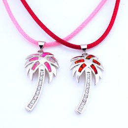 Pendant Necklaces Fashion Silver Plated Bohemia Women Birthday Party Coconut Tree Fire Opal Leather Cord Rope Chain Necklace OP034