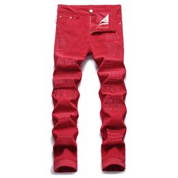 Men's Jeans Red Corduroy Letter Embroidered Slim Fit Stretch Casual Pants Autumn Winter Denim Trousers Fashion Streetwear Man Clothing