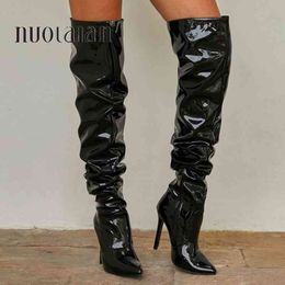 Boots Pleated Patent Leather Motorcycle Over The Knee Women Pointed Toe Sexy Long High Heel Thigh Lady Shoes 220901