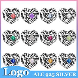 925 Silver Charm Beads Dangle Signature Heart Openwork Birthstone Bead Fit Pandora Charms Bracelet DIY Jewellery Accessories