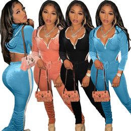 Women's Two Piece Pants Echoine Women Velvet hooded Zipp Bodysuit Top and Drawstring Pants Two 2 Piece Set Sexy Autumn Casual Tracksuit Matching Outfits 220902