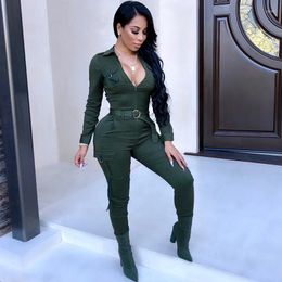 Women's Jumpsuits Women's & Rompers Female Cargo Military Jumpsuit Zip Long Pants Belt Tight Overalls Harajuku Women Trendy Skinny