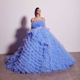 Off Shoulder A Line Prom Dresses Blue Tulle Layered Ruffles Party Dresses Strapless Custom Made Evening Dress