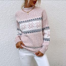 Women's Sweaters Women's Women Christmas Sweater Winter Warm Knitted Pullover With Half High Collar Xmas Snow Printing Long Sleeves