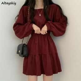 Work Dresses Women Long Sleeve Solid Colour Square Collar Aline Sweet Vintage Design High Waist Mini Length Soft Chic Korean Elegant 220902