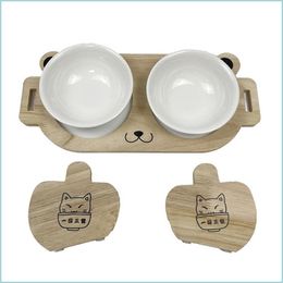 Cat Bowls Feeders Cat Bowls Feeders Food Holder Teddy Dog Double Bowl Drinking For Basin Cats Dogs Fountain Pet Wood Homeindustry Dh2T3