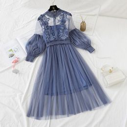 Casual Dresses 2022 Summer Women Sexy Perspective Long Lantern Sleeve Embroidery Flowers Elastic Waist Lace Mesh Pleated Dress Two Piece
