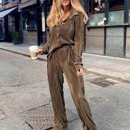 Womens Two Piece Pants Clacive Casual Loose Shirts Pants Set Woman 2 Pieces Elegant Brown High Waist Pant Suits Fashion Pleated Home Wide Trouser Suits 220902