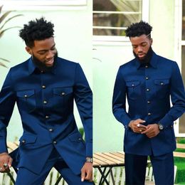 Men's Suits 2 Pieces High Collar Men Custom Made Navy Blue Fashion Wedding Business Ceremony Formal Causal Prom Tuexdos Male Clothing