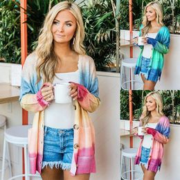 Women's Sweaters Women's 2022 Autumn Winter Fashion Knitted Cardigan Sweater Tie Dye Multi Colour Long Sleeve Midi Coat Street Wear