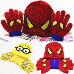 Berets Fashion Autumn Winter Girls Boys Hats Set Cartoon Man Warm Knitted Hat Gloves Sets Children Caps