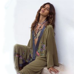 Work Dresses Vestidos Boho Hippie Chic Vintage Floral Embroidery Cardigan Beach Trip Kimono Pareo Long Sleeve Cape Cover Maxi Dress 220902