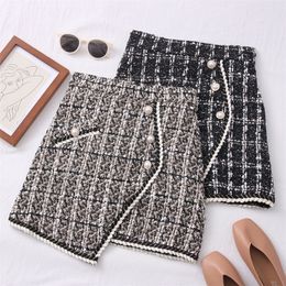 Casual Dresses Tweed Skirts for Women Solid High Waist Slimming Autumn Spring Buttons Double Breasted Wool Mini Skirt 220902