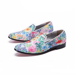 Floral Men Loafers Wedding Party Dress Shoes Slip On Casual Leather Shoes Smoking Slippers Flats