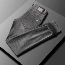 Dark 2022 Grey High-end Jeans Men's Fashion Brand Autumn and Winter Elastic Slim Fit Small Feet Thick Pants Men