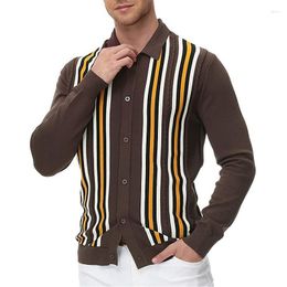 Men's Polos Men's Business Men Vintage Knit Poloshirt Tee Single Breasted T-Shirt Cardigan Slim Tshirts Top Ice Silk Long Sleeves Shirt