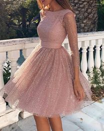 Casual Dresses Ladies Sequins Mesh Overlay Pleated Mini Elegant Women O-Neck Party Dress Sexy Backless Lace A-Line Princess