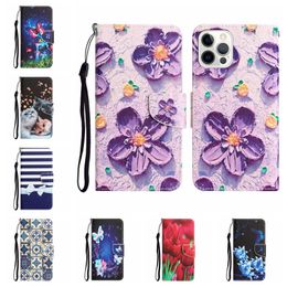 Leather Wallet Cases For iphone 15 14 Pro MAX 13 12 11 XS XR X 8 7 Fashion Flower Butterfly Print Cat Tiger Bow Cartoon Card Slot Holder Flip Cover Smart Phone Pouches
