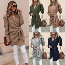 Women's Wool Women's & Blends 2022 Spring Women V-neck Solid Lace Up Long Sleeve Ladies Casual Adjustable Waist Slim Belt Coat