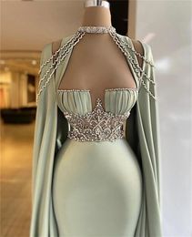 Elegant Mermaid Evening Dresses With Detachable Cape Beaded Crystal Formal Prom Gowns Custom Made Plus Size Pageant Wear