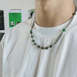 Green Beads Tide Brand Stitching Necklace Hip-Hop Cuban Chain Simple Titanium Steel Men's And Women's Fashion All-Match Jewellery