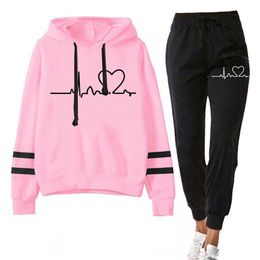 Womens Two Piece Pants Women Tracksuits Autumn Spring Clothing Female Suits 2 Pieces Set Hooded Sweatshirts and Black Pants Casual Outfits Love Print 220902