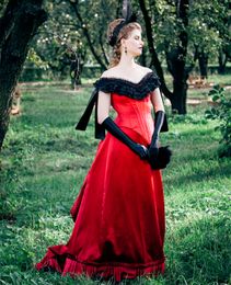 Vintage Victorian Evening Dresses Black And Red Bustle Corset A Line Prom Party Gowns Off The Shoulder V-neck 1880s Gothic Halloween Dress 2023 Robe De Soriee