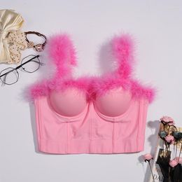 Bustiers & Corsets T931 Summer Spot Fluffy Pink Short Cute Tube Top Vest Feather Shoulder Womens Bustier Corset Fuzzy Cropped Tank Tops Sexy