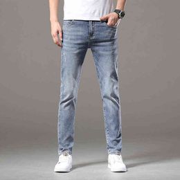 Men's Jeans Summer Thin Elastic Slim Fitting Small Leg Straight Tube High-end Fashion Brand Leisure Long Pants