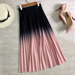 Casual Dresses Spring Summer Women Midi Skirts Gradient Colour Stripe Pleated High Waist Elegant Office Lady Aline Korean Long 220902