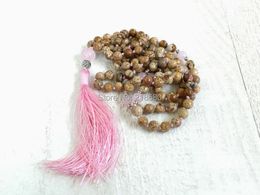 Pendant Necklaces M60624094 Knotted Tan Picture Stone Beads Necklace Pink Silk Tassel