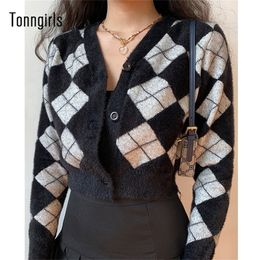 Womens T Shirt Tonngirls Preppy Style Cardigan Women Long Sleeve Knitted Cardigan Argyle Cashmere Cardigan Streetwear Black Sweater Winter 220902