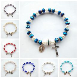 Pendant Catholic Jesus Cross Crystal Rhinestone Girl Model Elastic Beaded Bracelet Alloy Pendant Jewellery Gift