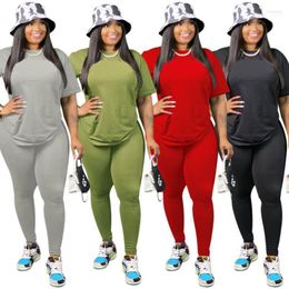 Women's Tracksuits Women's Plus Size Solid Women 2022 Summer Autumn Short Sleeves T Shirt And Pants Sports Clubwear Two Pieces Set